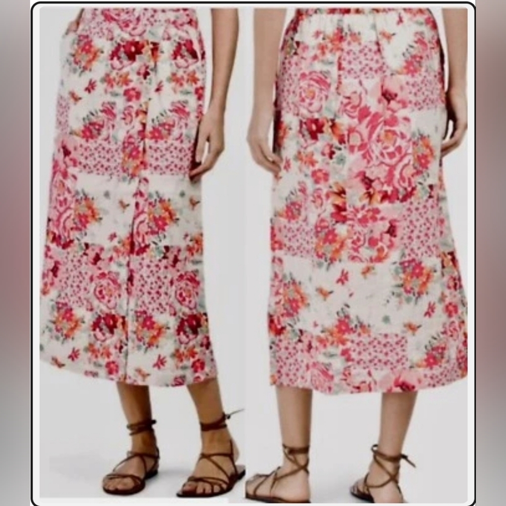 Haute Hippie Pink and White Floral Midi Linen Skirt